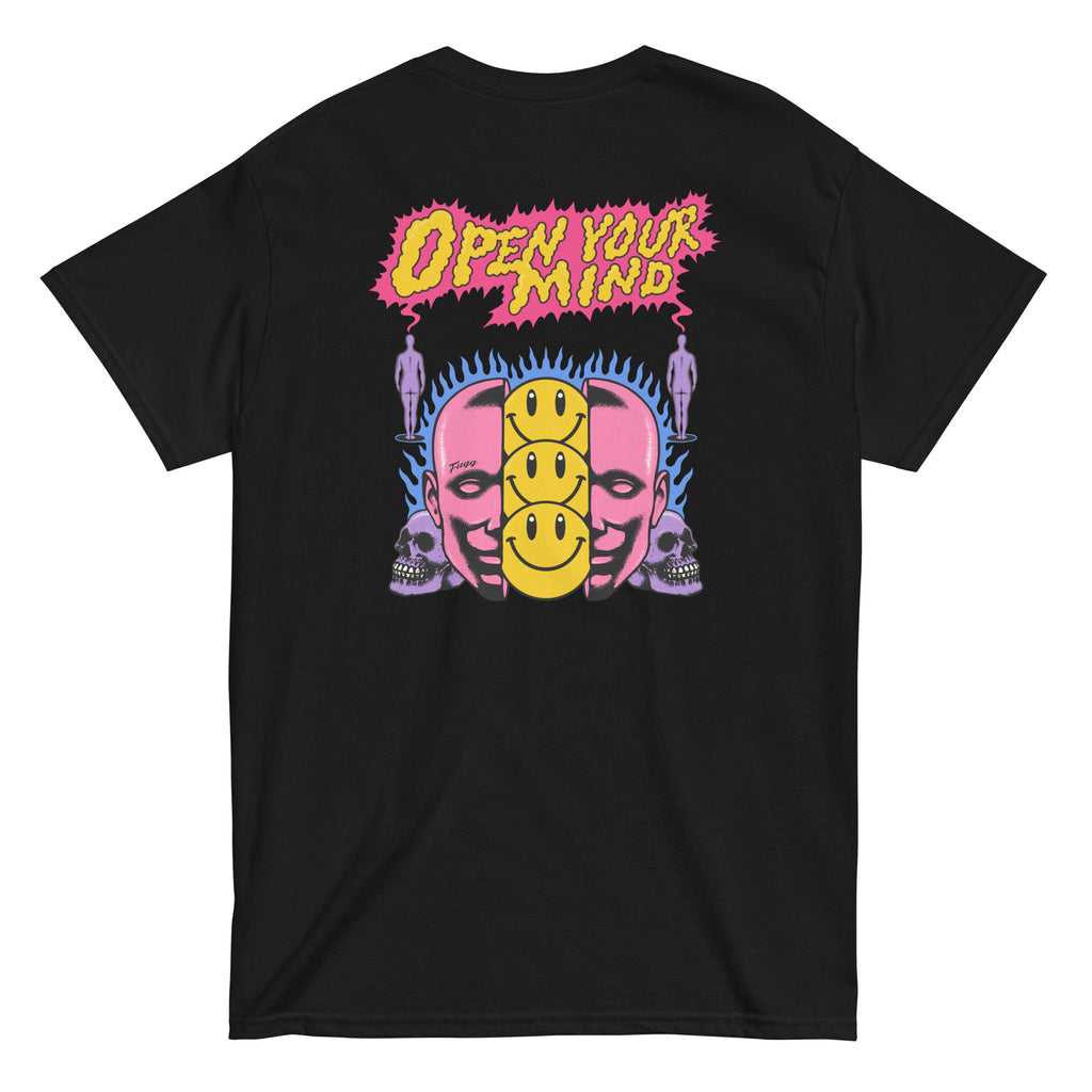 open your mind t shirt black back design