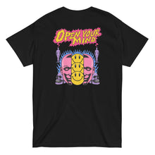 Load image into Gallery viewer, open your mind t shirt black back design