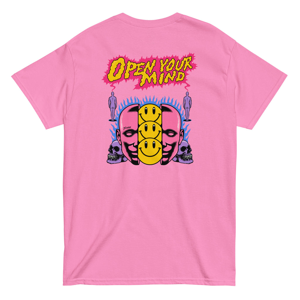 open your mind t shirt pink back design