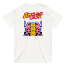 Load image into Gallery viewer, open your mind t shirt white back design