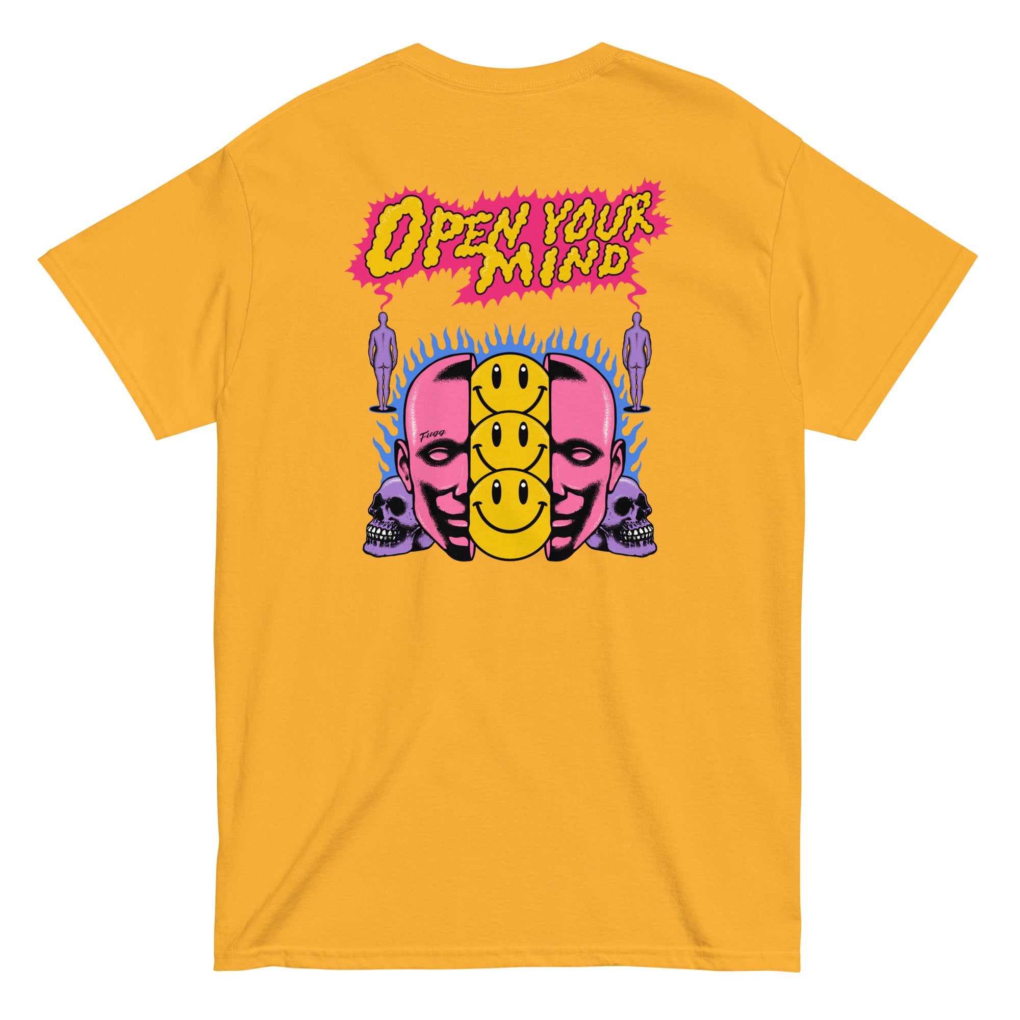 open your mind t shirt yellow back design