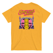 Load image into Gallery viewer, open your mind t shirt yellow back design