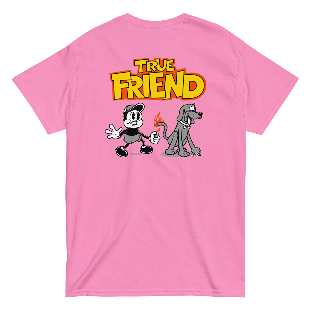 true friends t shirt pink back design