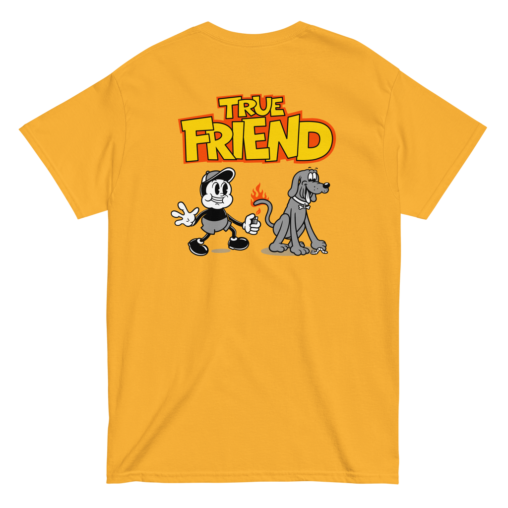 true friends t shirt yellow back design
