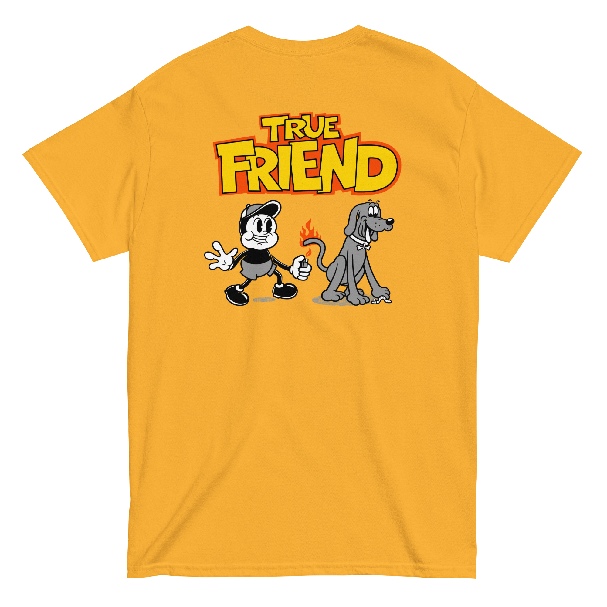 true friends t shirt yellow back design